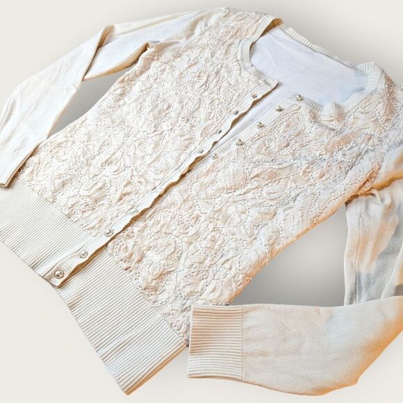 Leo Guy Creamy Ivory Beaded Embroidered Cardigan Tank Set Size 2 - Picture 15 of 16